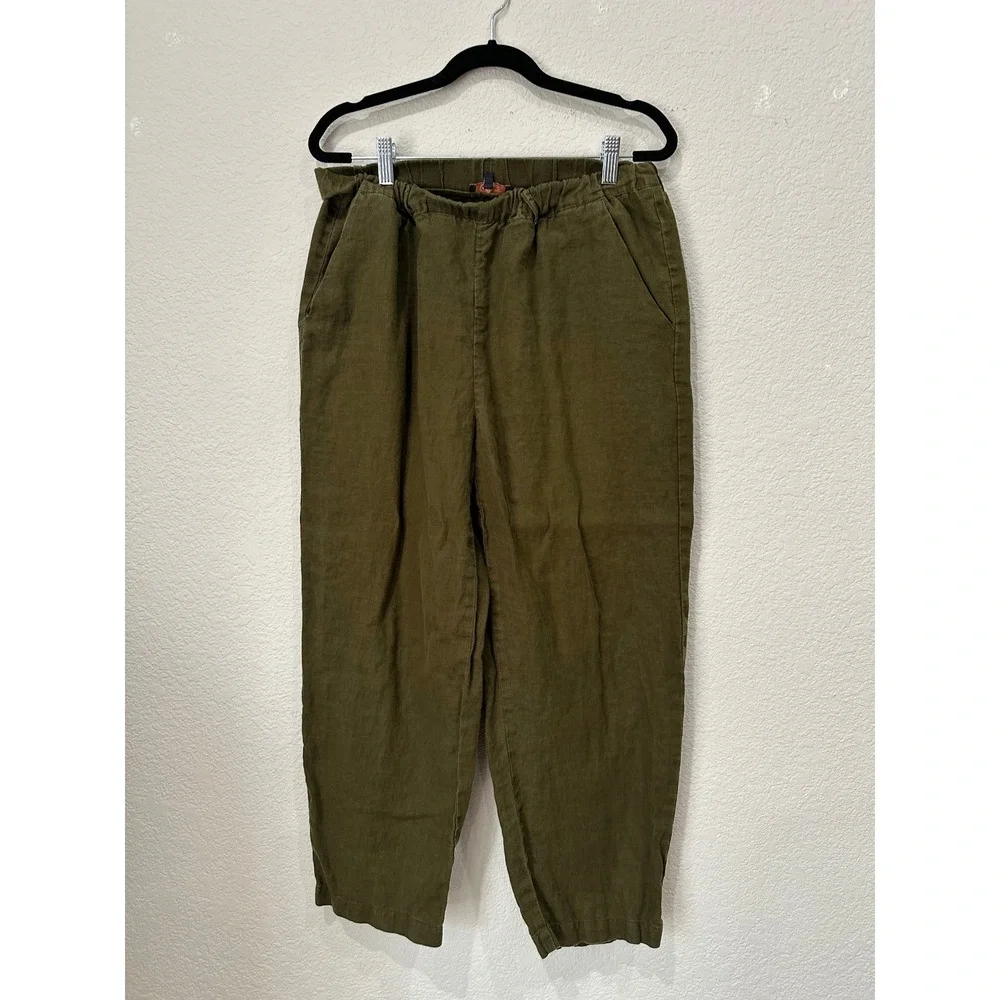 Quince European Linen Pants Olive Green Elastic Waist Tapered Leg Womens Medium